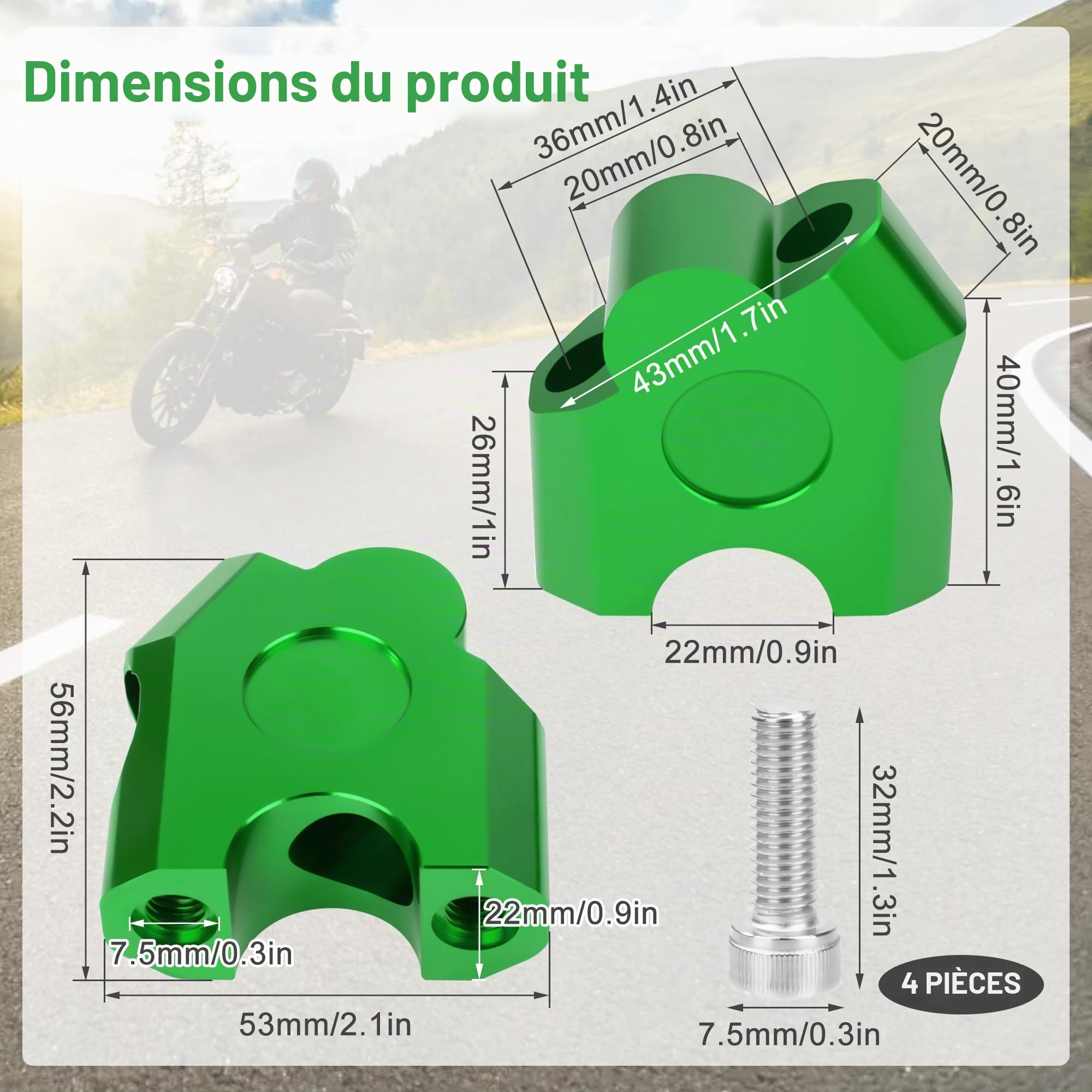 Tunejoy Rehausseur de Guidon de Moto 22 mm Pince de Guidon Adaptateur de Montage de Mouvement Arrière pour ATV Dirt Pit Bike Motocross Vert