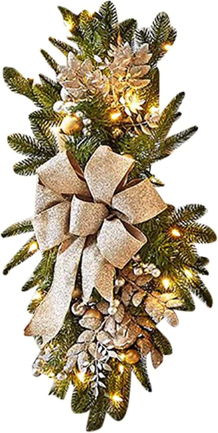 Light Up Christmas Swag Wreath 2024 -Cordless Prelit Stairway Swag Trim -Christmas Swag Wreaths for Front Door Wall Window -Hanging Stair Teardrop Swag Garlands -Hanging Ornament Decor 2pcs (Gold)