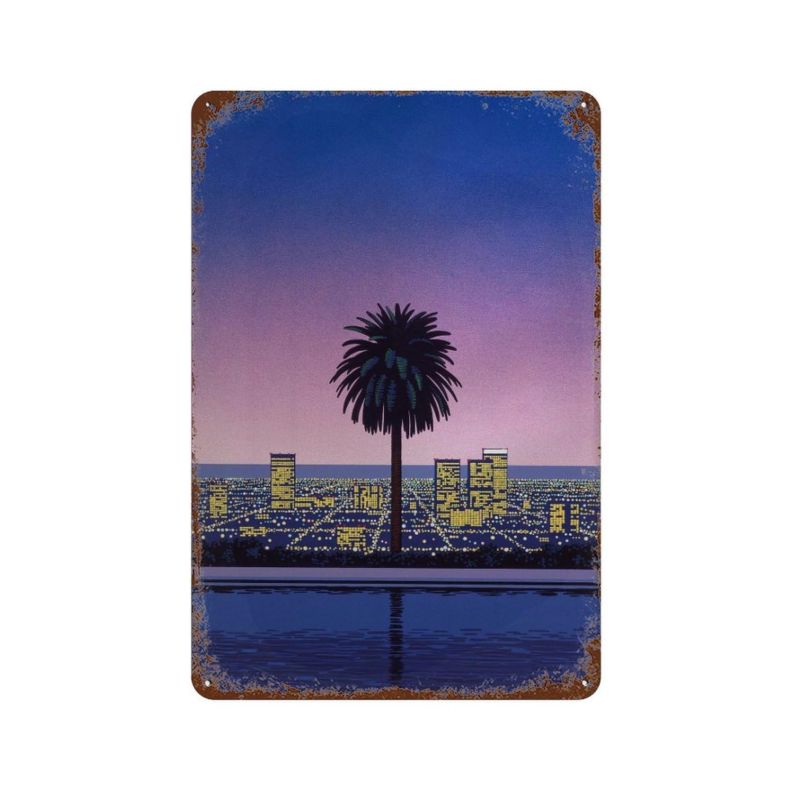 xiaoxiaoshen Cityscape With Palm Tree. Hiroshi Nagai Japanese City Pop Wall Decor Art Metal Tin Poster Modern Home Decor Art Home Bar Shop Decorations Vintage Sign 30x20cm