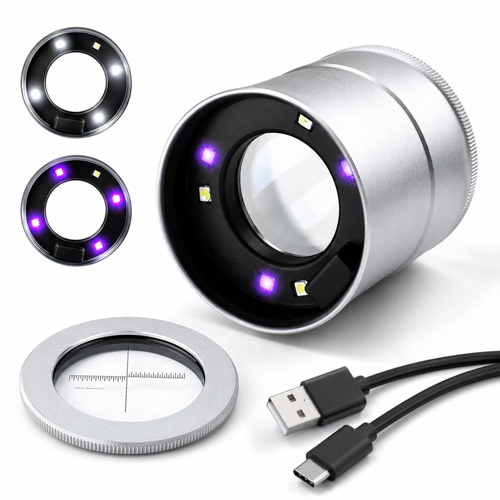 Loupe grossissante x10 avec échelle et lumière – Loupe de bijoux rechargeable avec 3 LED blanches et 3 LED violettes, mise au point réglable, lentille de 30 mm pour bijoutiers, collectionneurs de