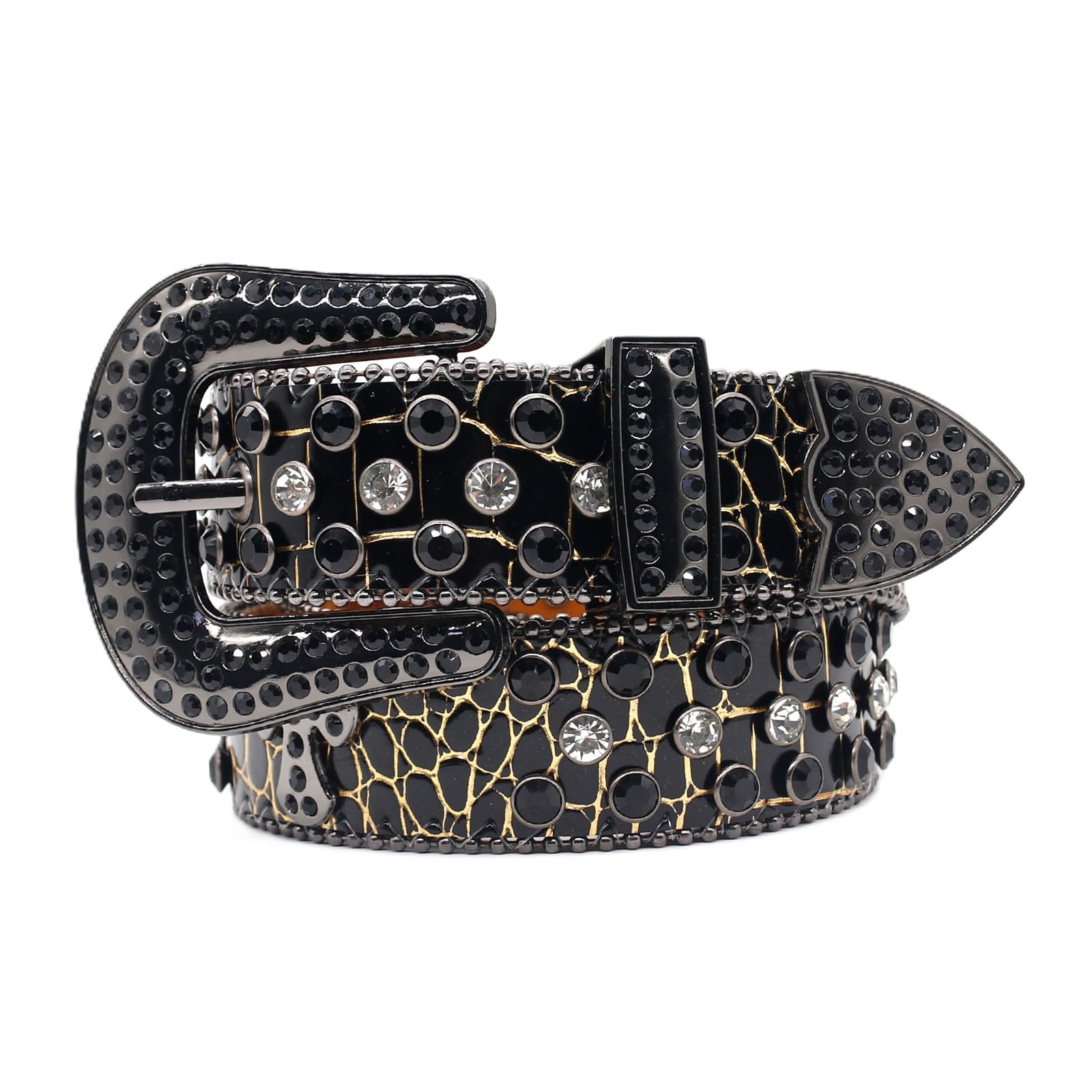 AGUTALITHIC Rhinestone Studded Leather Belt Cross Rivet Cowgirl Cowboy Crocodile Pattern Embossed Strap Floral Western Buckle(120cm/47, Black)