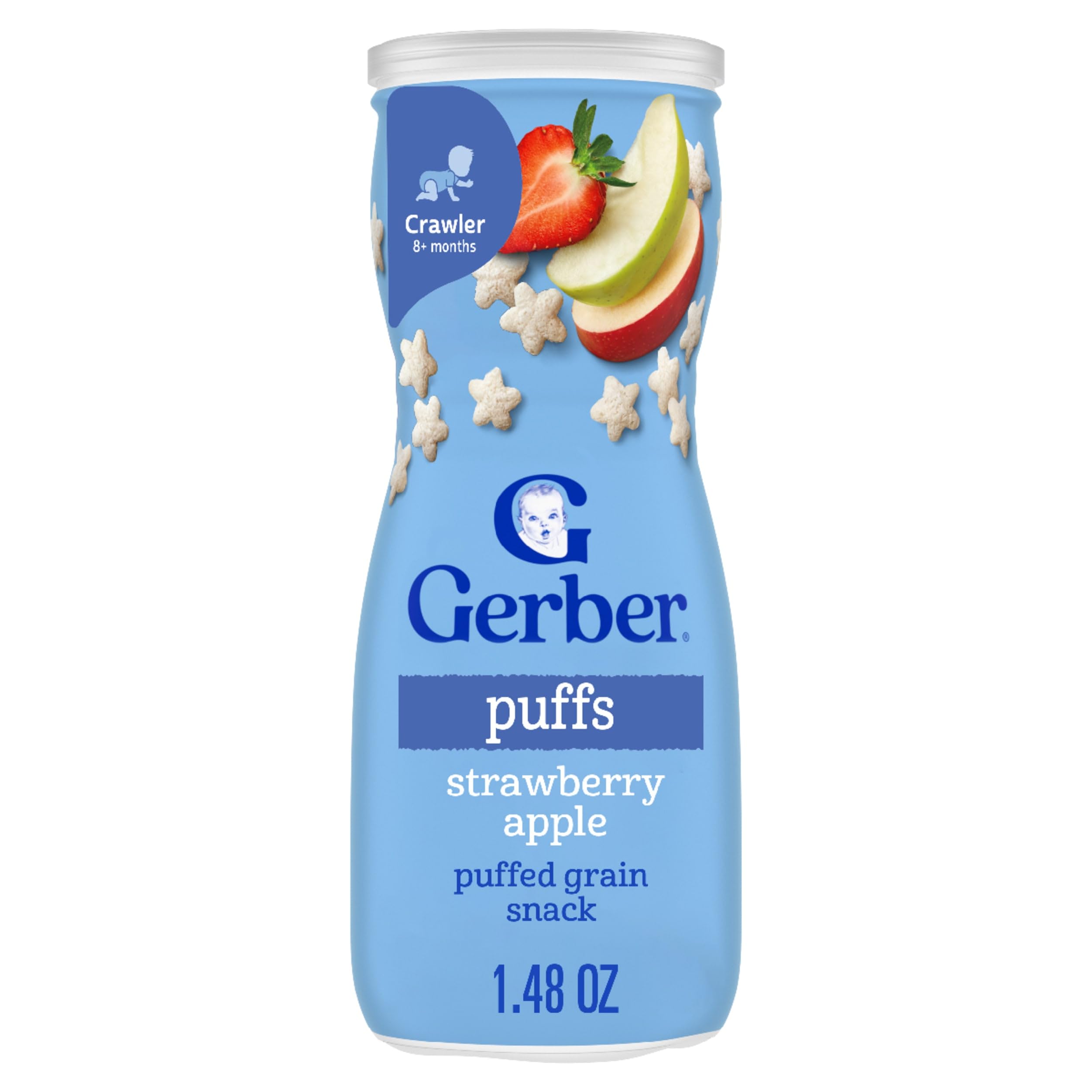Gerber Stage 3 Baby Snacks, Strawberry Apple Puffs, Puffed Grain Snack, Baby Led Feeding, Iron & Choline, Strawberry Apple Puffs Snacks, 6-Pack