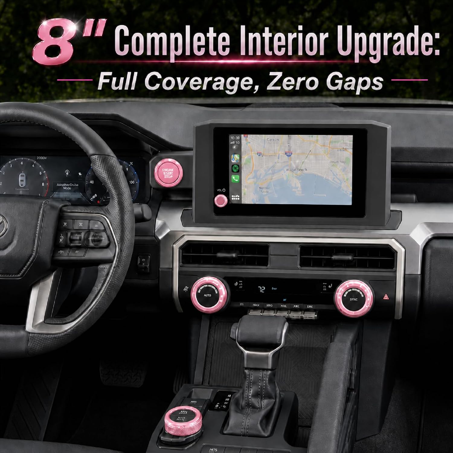 for Toyota Tacoma 2024 2025 2026 & 4Runner 2025 2026 Accessories, 8-Inch Display Aluminum Alloy Knob Cover Trim 6-Piece Set – Fits AC Volume Drive Mode 4WD Push Start Button Ring (Pink)