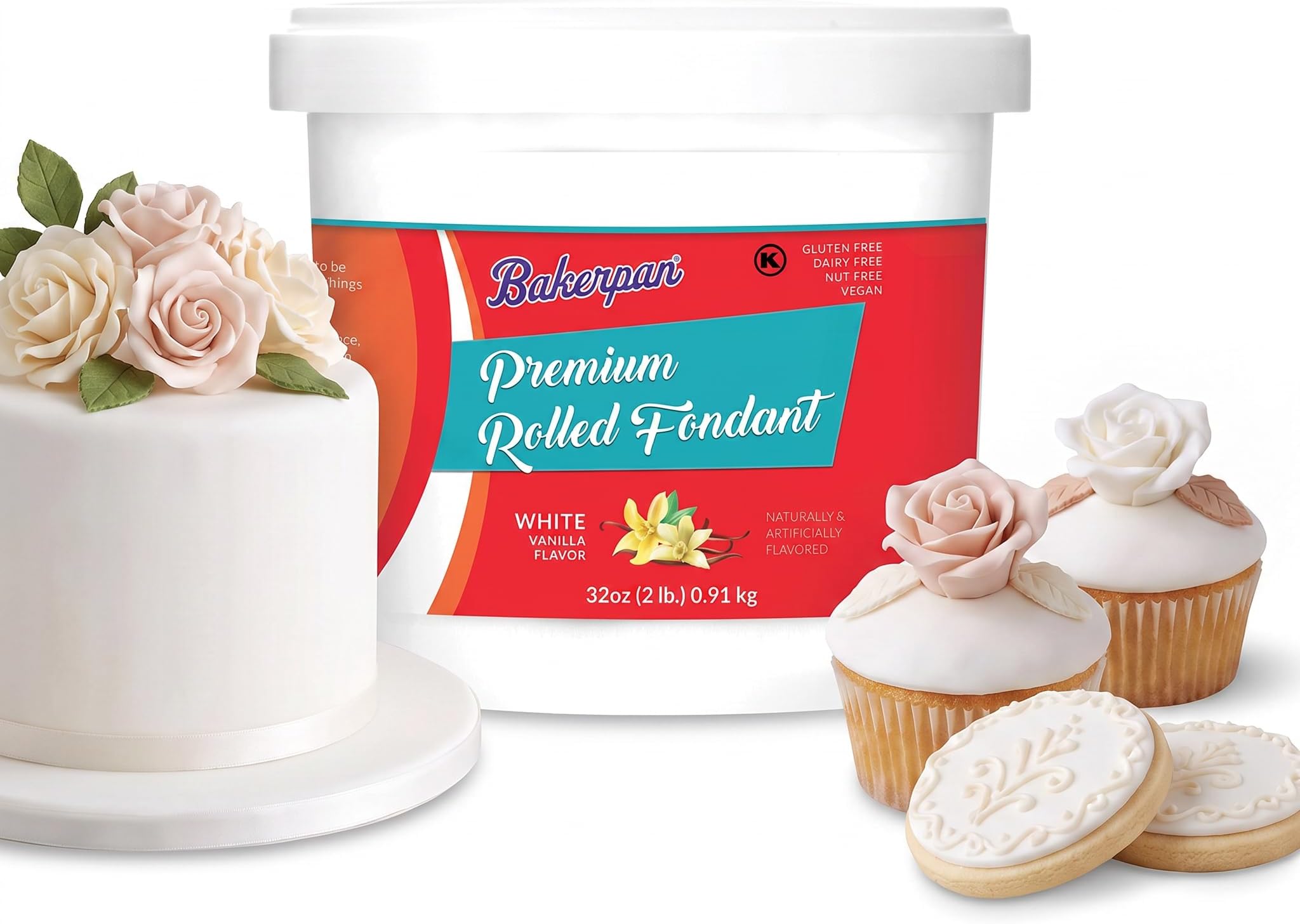 Premium Rolled White Fondant for Cake Decorating - 2 Pounds, Vanilla Flavor