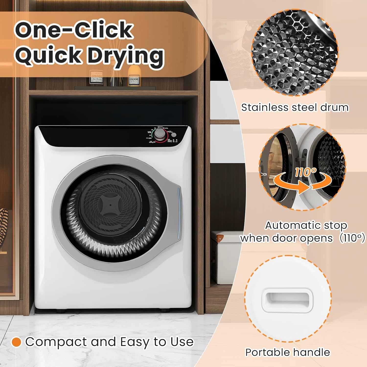 Zynkez 2.5 Cu.Ft Portable Clothes Dryer, 1400W Compact Electric Dryer with Stainless Steel Tub, Front Load Tumble, 5 Modes, Portable Dryers for Laundry, Apartments, Dorms, RVs, White