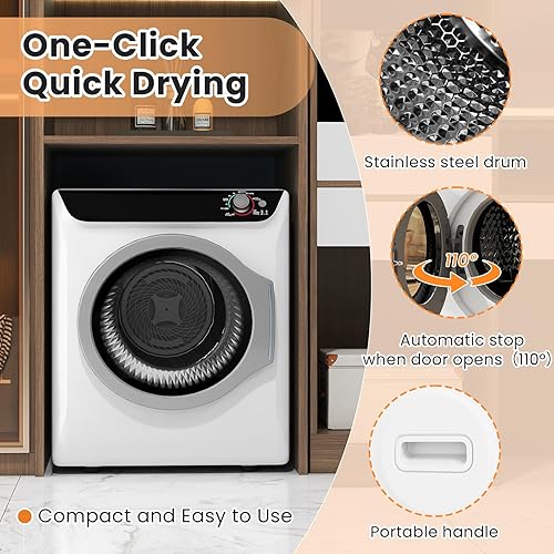 Miniatura 6 de Zynkez Secadora de ropa portátil de 2.5 pies cúbicos, secadora eléctrica compacta de 1400 W con bañera de acero inoxidable, carga frontal, 5 modos,