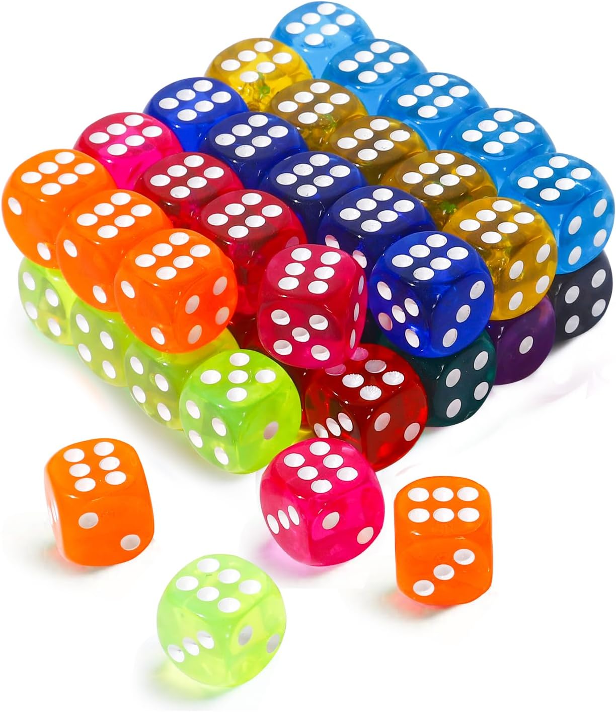 50 Pieces 6 Sided Translucent Colored Dice for Board Games Classroom Learning, 14mm 10 Colors Hard Acrylic Dice Set for Maths Playing Games Rolling