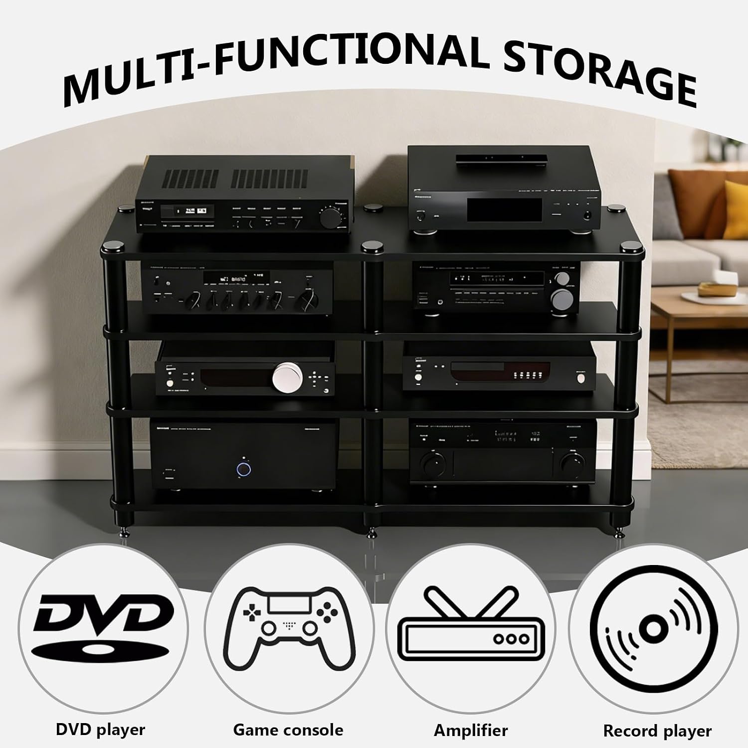 3-Tier Heavy Duty AV Media Stand, Multi-Functional Audio Rack with Vibration-Absorbing Spikes, Heat Dissipation av Stand, Anti-Shake Stereo Racks and Stands for Home, Office, Theater (Black, 3-Tier)