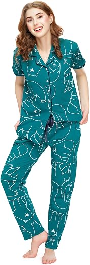 ZEYO Night Suit for Women's Polar Bear Printed Cotton Night Dress of Shirt and Pajama Set 5756
