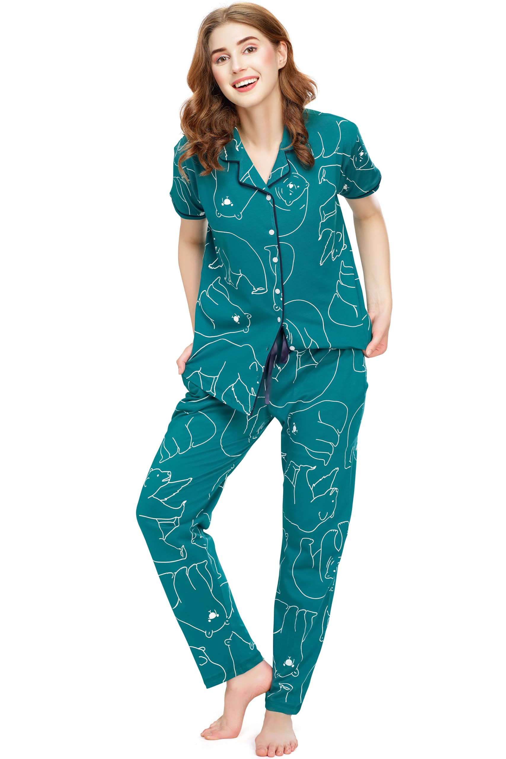 ZEYO Night Suit for Women's Polar bear Printed Cotton Night Dress of Shirt and Pajama set 5756