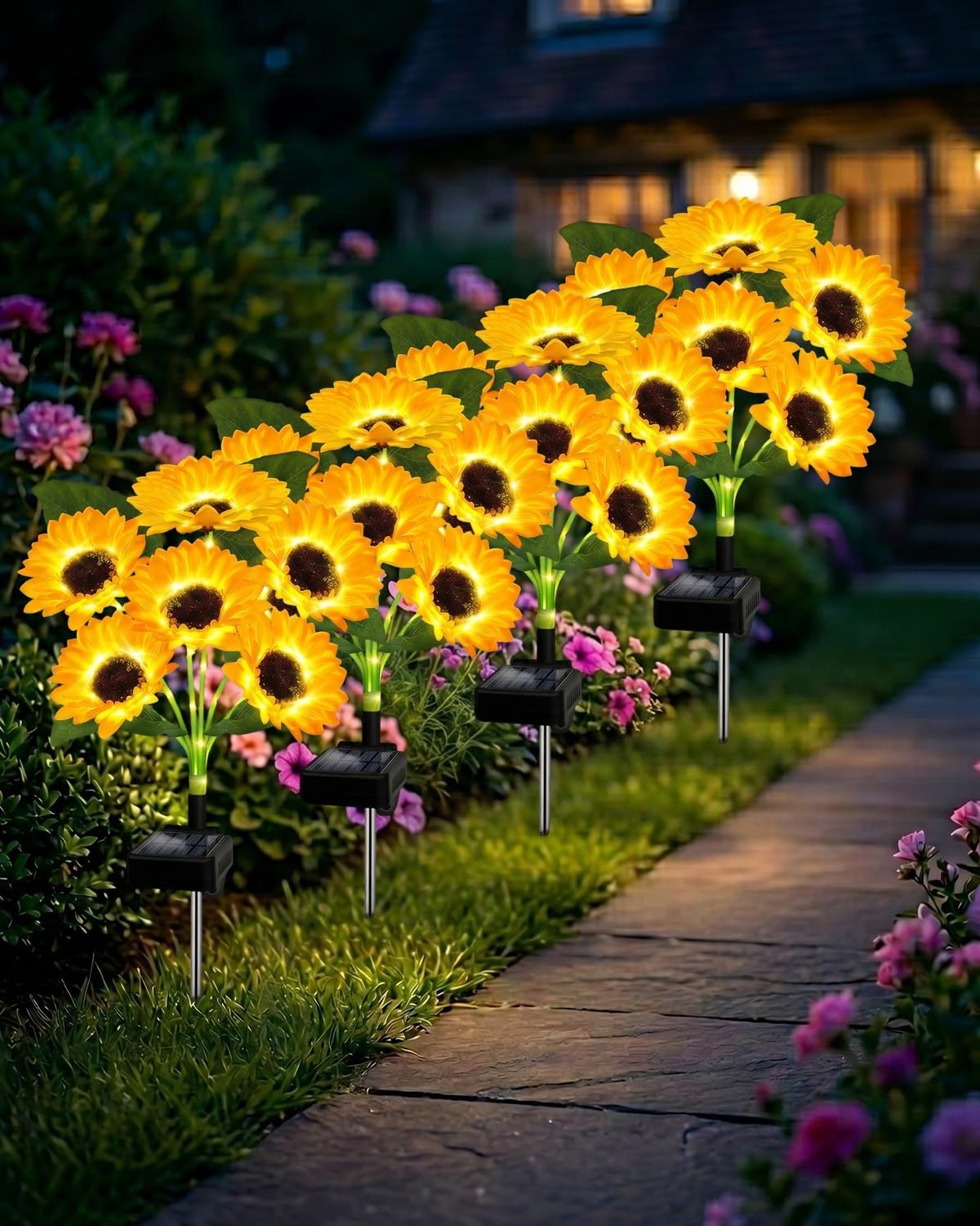Solar Sunflower Lights Outdoor Garden Decor Waterproof 2/4/6 Pieces Large Flower LED Yard Lawn Patio Pathway Stake Landscape Decoration Solar Powered Stakes Lighting Automatic Dusk Dawn(#5 4PCS)