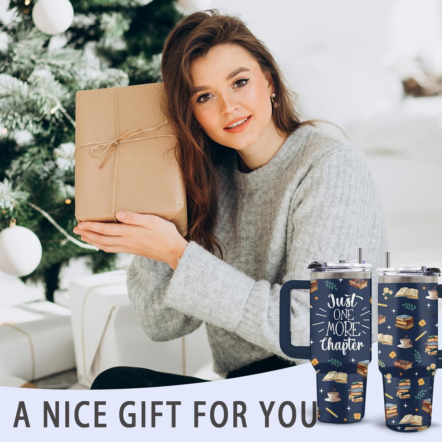 Book Themed Stainless Steel Tumbler Gifts for Booklover, 30oz Water Bottle with Handle and Straw, Christmas Birthday Gifts for Family, Wife, Friends - Image 7