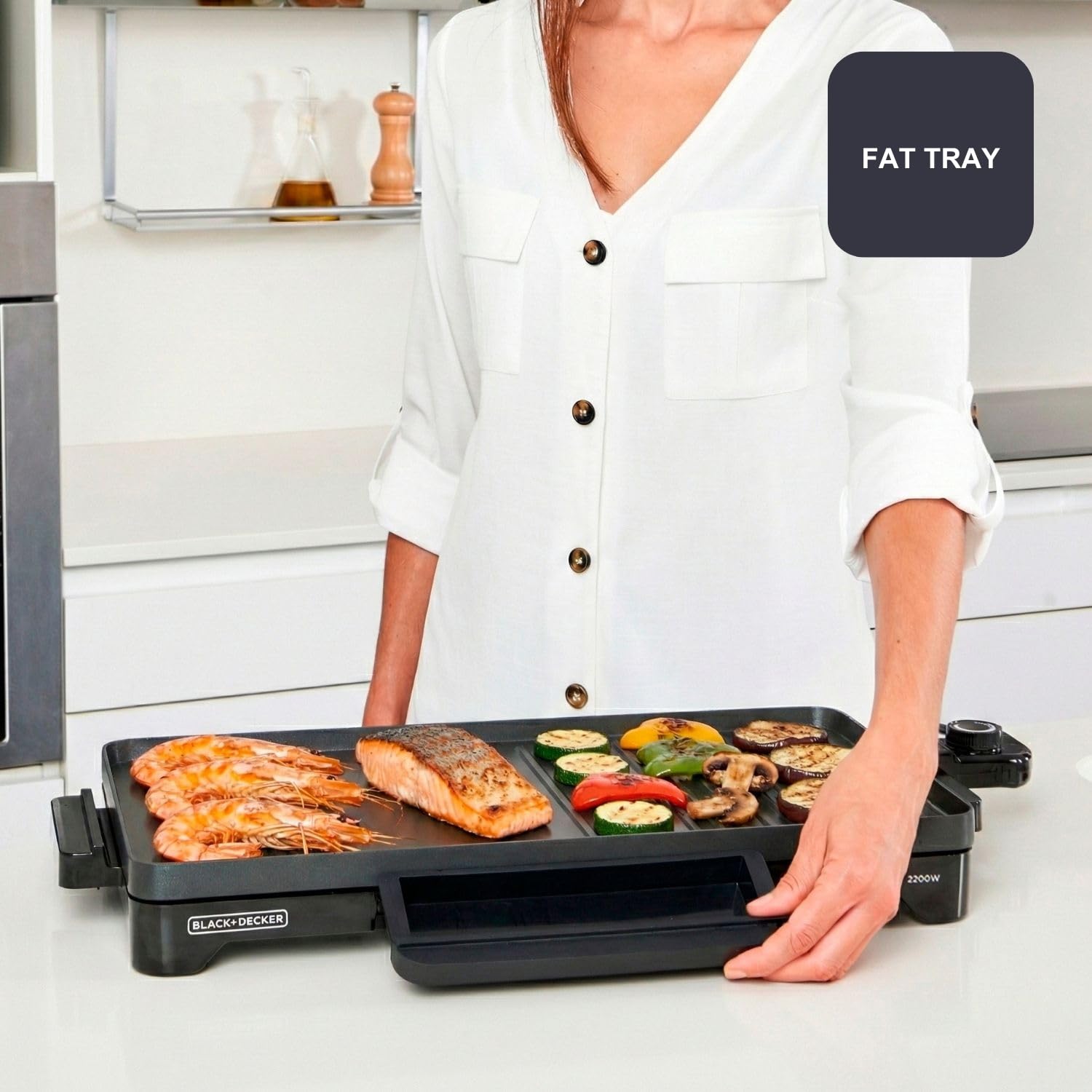 BLACK+DECKER - Plancha y Grill de Mesa BXGB2200E | 2200W | 49x27cm | Antiadherente y Libre PFOA | Temperatura Regulable | Asas Frías | Bandeja Recogegrasas | 4-6 Personas | Parrilla | Antideslizante