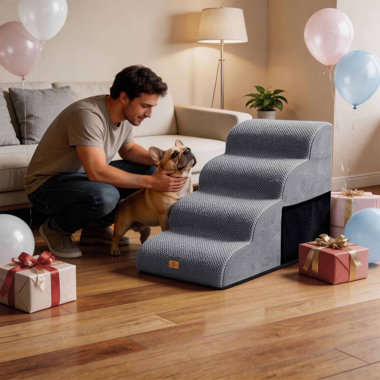 Scale per Cani, Rampa per Cani 4 Gradini, Scalette Cane in Schiuma ad Alta Densità, Antiscivolo per Cane Feriti, Animali Domestici più Anziani, Gatti di Piccola Taglia, Grigio, 73.7x40.6x50.8 cm