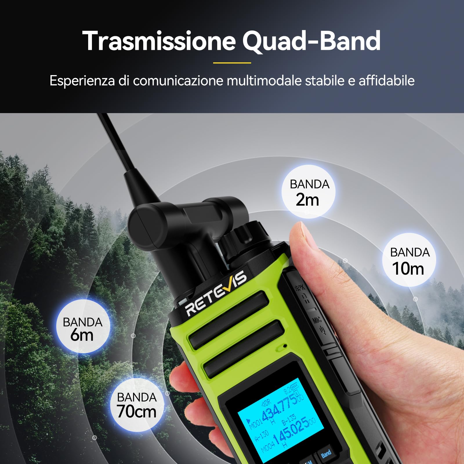 Retevis A3 Radio Bidirezionale, Radio Amatoriale Quad-Band, Modalità AM/SSB/FM/AIR, Doppio Canale, 2500mAh, Walkie Talkie con Potenza Regolabile per Caccia, Viaggiatore (1 Pezzo)