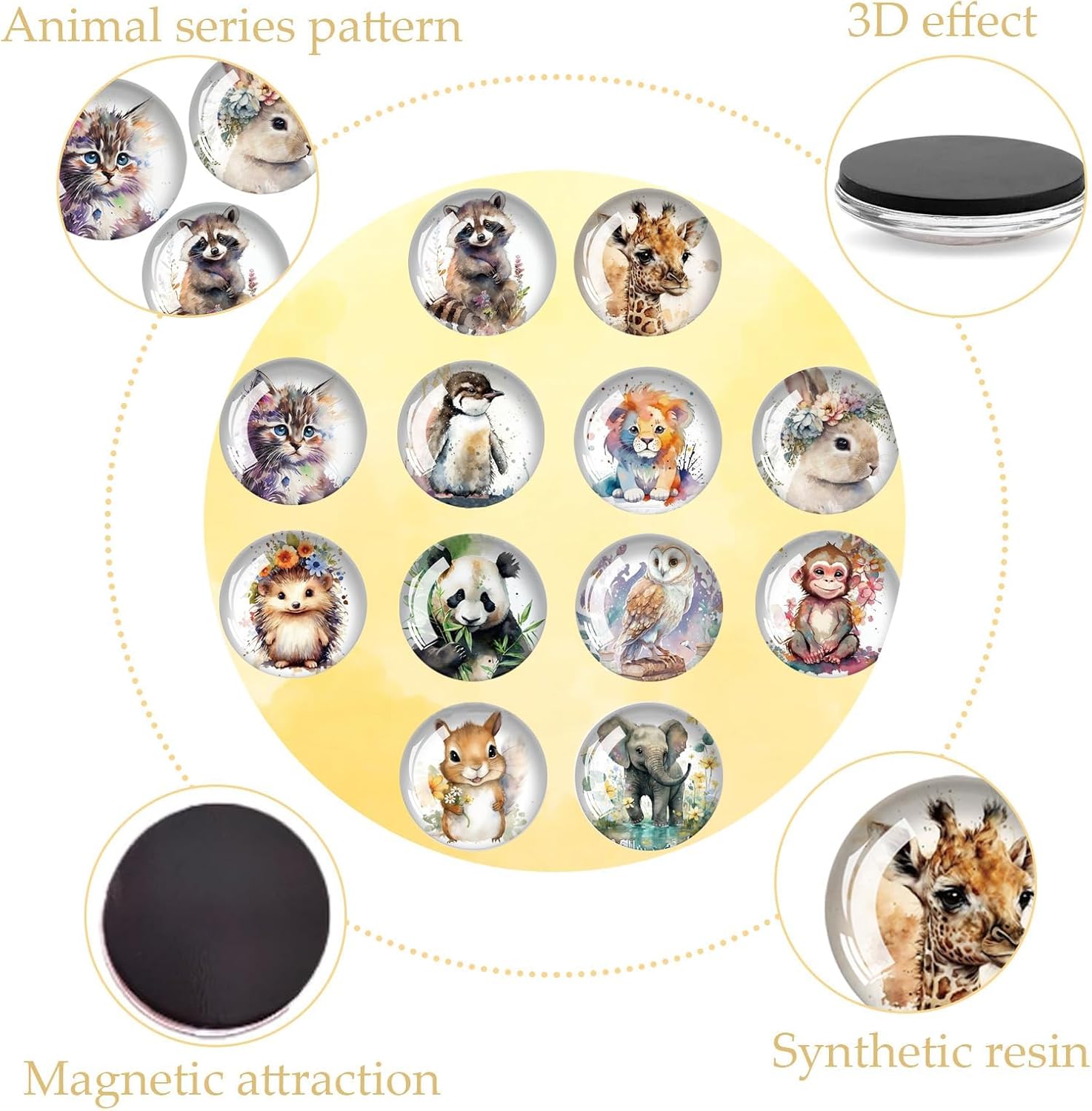DIGNFENG Set of 12 Fridge Magnets Animals - Watercolour Design Glass Magnets 3 cm Small Round Funny Magnets for Fridge, Whiteboard, Notice Board, Magnetic Board, Decorative Magnets Gift