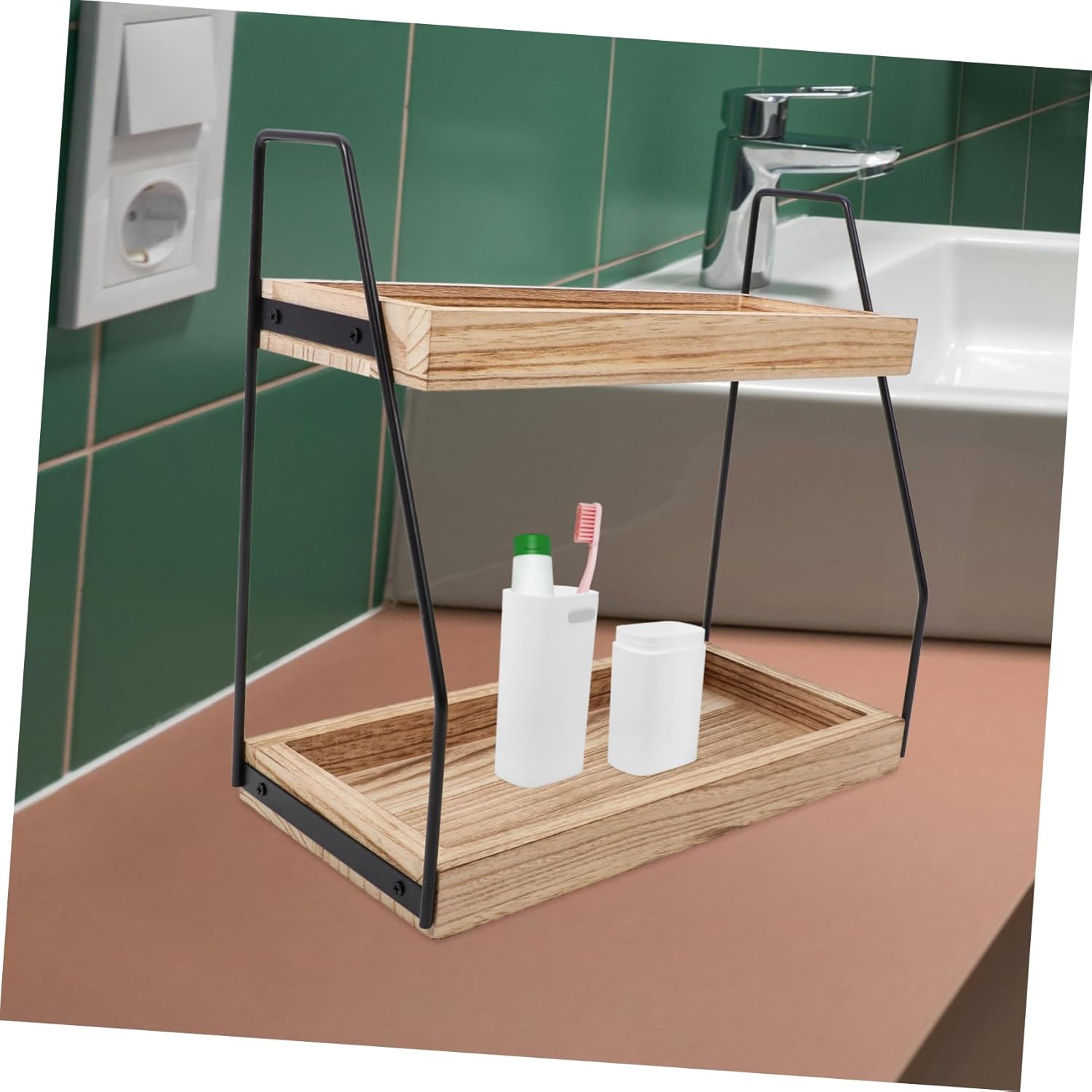 Double Wooden Spice Jar Rack Kitchen Counter Organizer Bathroom Countertop Storage Shelf for Coffee Bar and Seasoning Bottles Holder