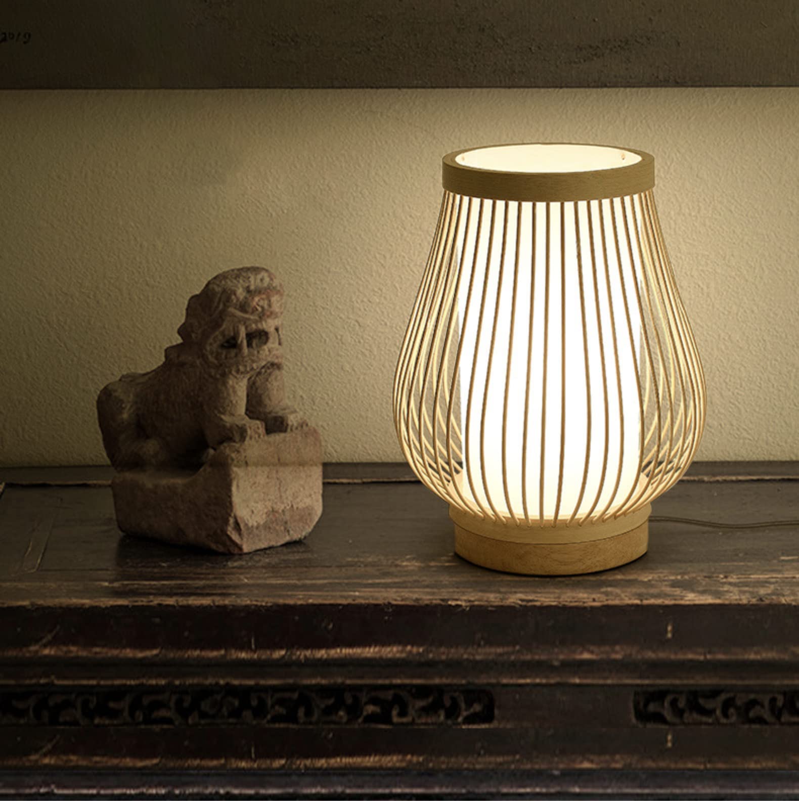 Lámparas de Escritorio, Lámpara de Mesa de Bambú Rústica, Bambú Natural, Fuente de Luz Led E27, 20 cm de Diámetro, Decoración para Sala de Estar.