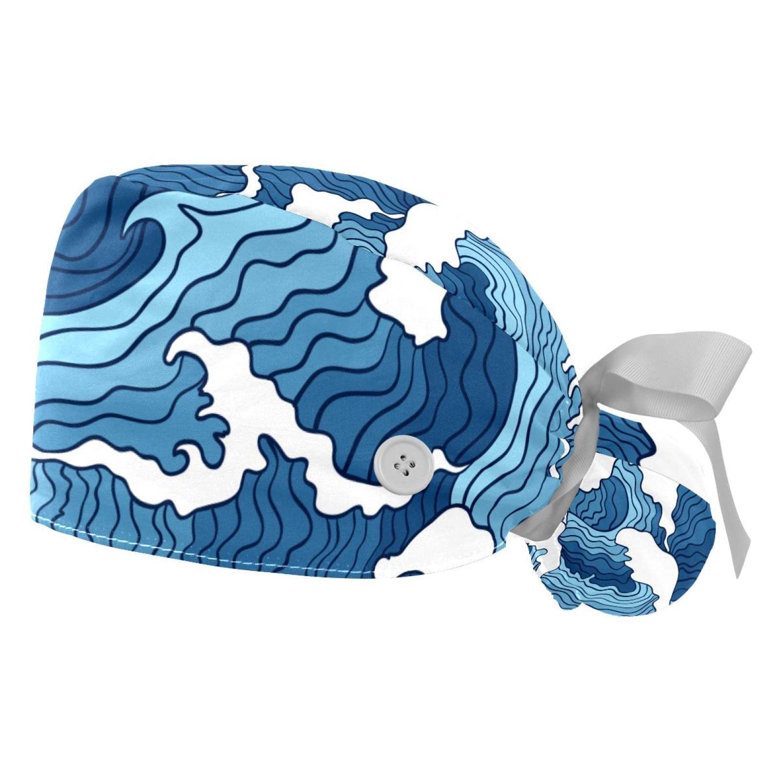 Working Caps with Button Ocean Wave Blue White Color Ponytail Holder Tie Back Hat for Women Long Hair
