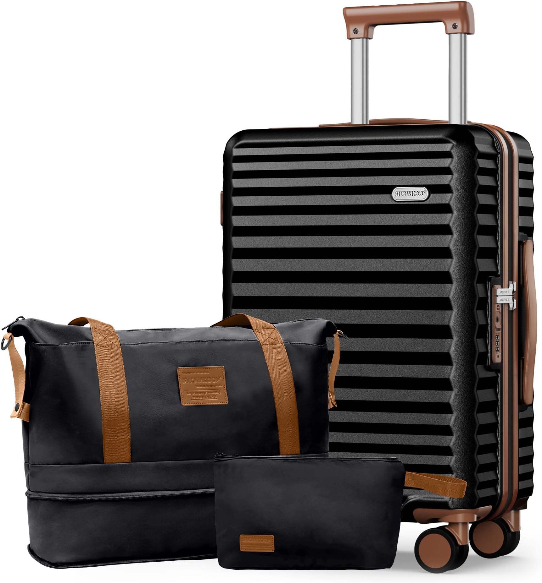 SHOWKOOSuitcase Medium 24-Inch Lightweight Expandable PC Hard Shell Durable Trolley Carryon Luggage with Double Spinner Wheels with Travel Duffels Bag +Toiletry Bag, Elegant Black