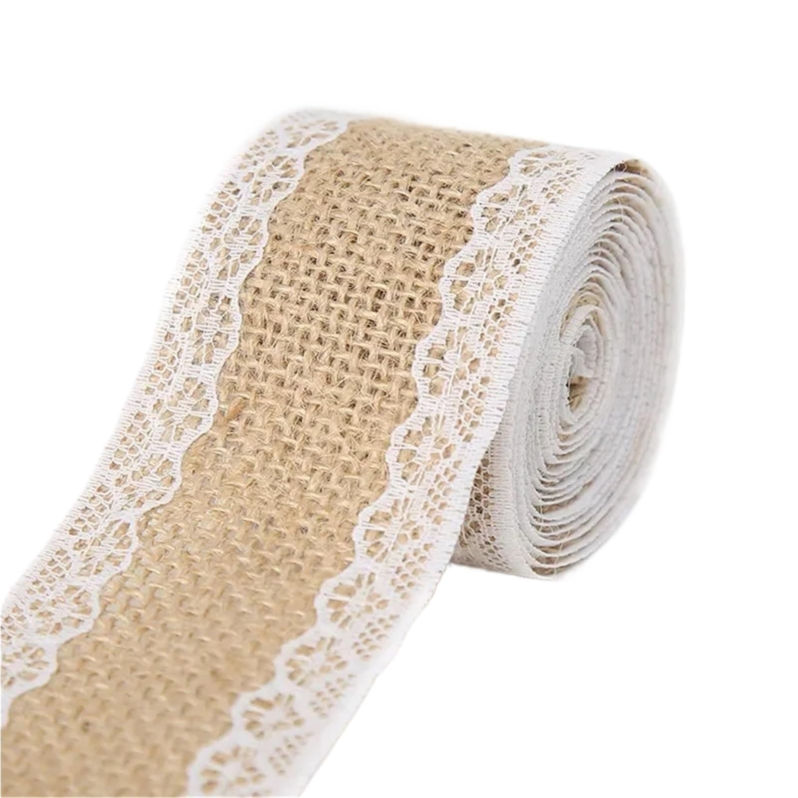 Burlap Fabric Roll 2M 5CM Natural Jute Burlap Rolls Hessian Ribbon with Lace Vintage Rustic Wedding Decor Ornament Party DIY Craft Supplies(Type5)