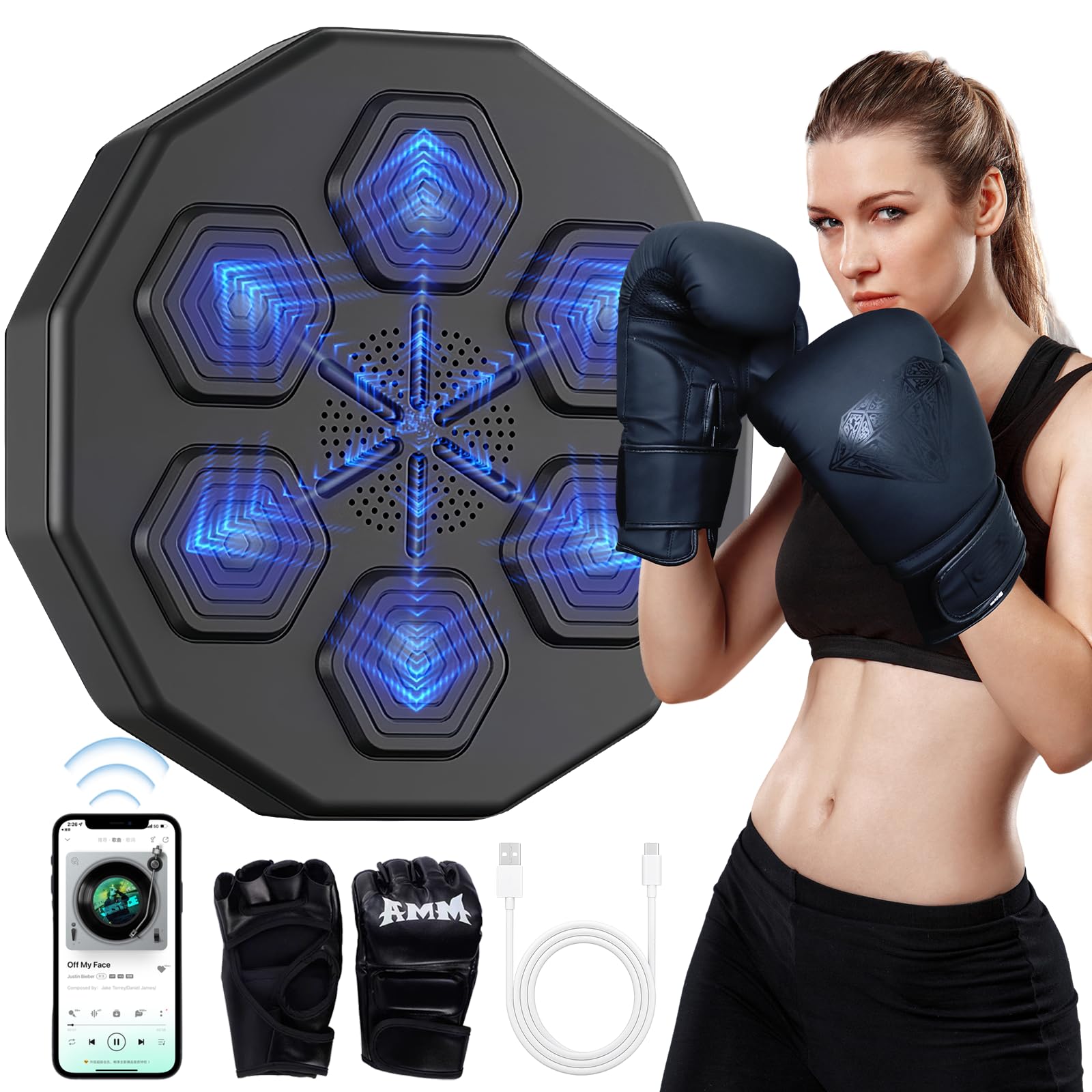 Gmdm Smart Music Boxing Machine Wall Mounted,Focus Agility Training Punchine Target,Bluetooth Boxing Machine with Led,Boxing Music Workout Machine for Adult Kids Gift,Home,Gym (with Boxing Gloves)
