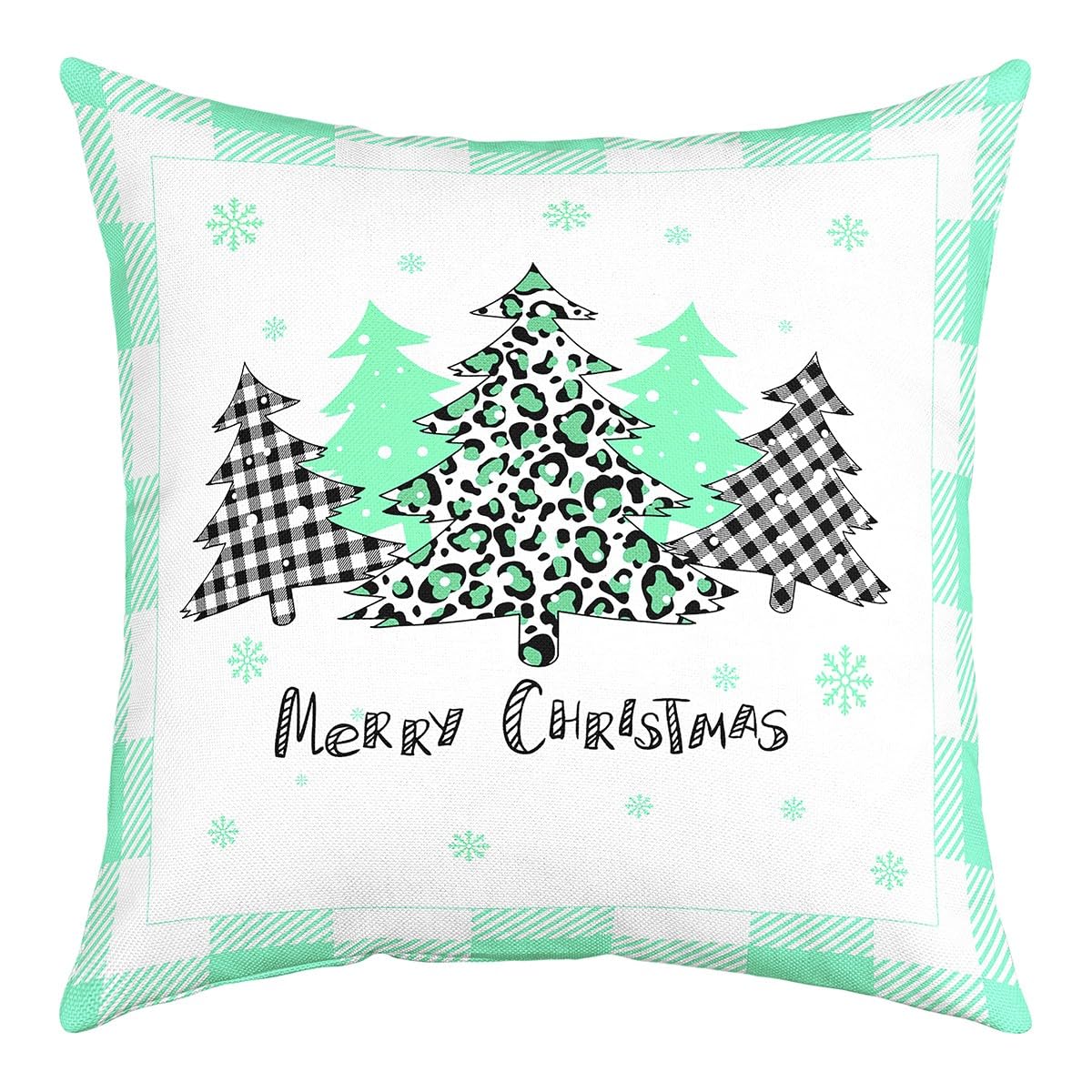 Homewish Leopard Print Christmas Trees Throw Pillow Cover 22x22 Inch Watercolor Green Grid Cushion Cover for Kids Boys Girls Cartoon Winter Snowflake Rustic Dreamy Cushion Case for Office Sofa