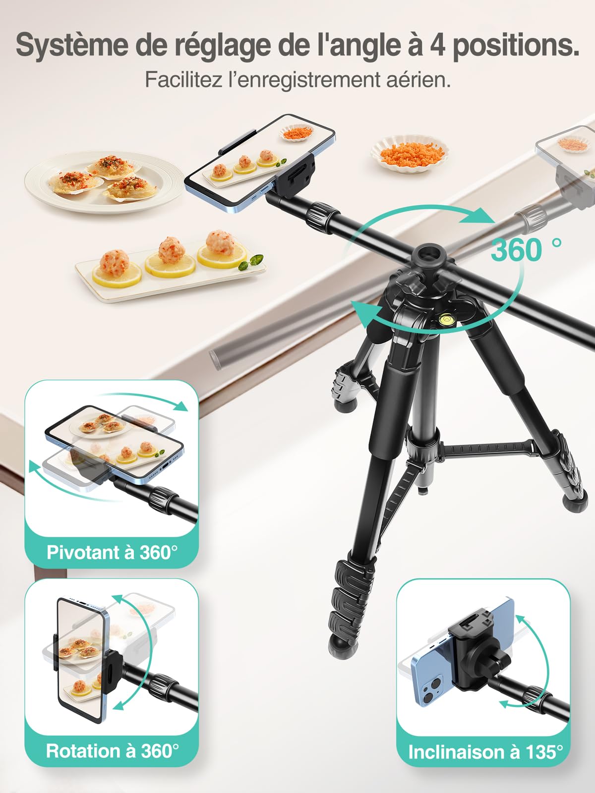 Elitehood Stable Trépied Smartphone pour Filmer Vidéo, 63cm Bras Télescopique Horizontal Long, 180cm Haute Trepied iPhone avec Support de Téléphone Pivotant à 360°pour Démo de Cuisine de Sketch