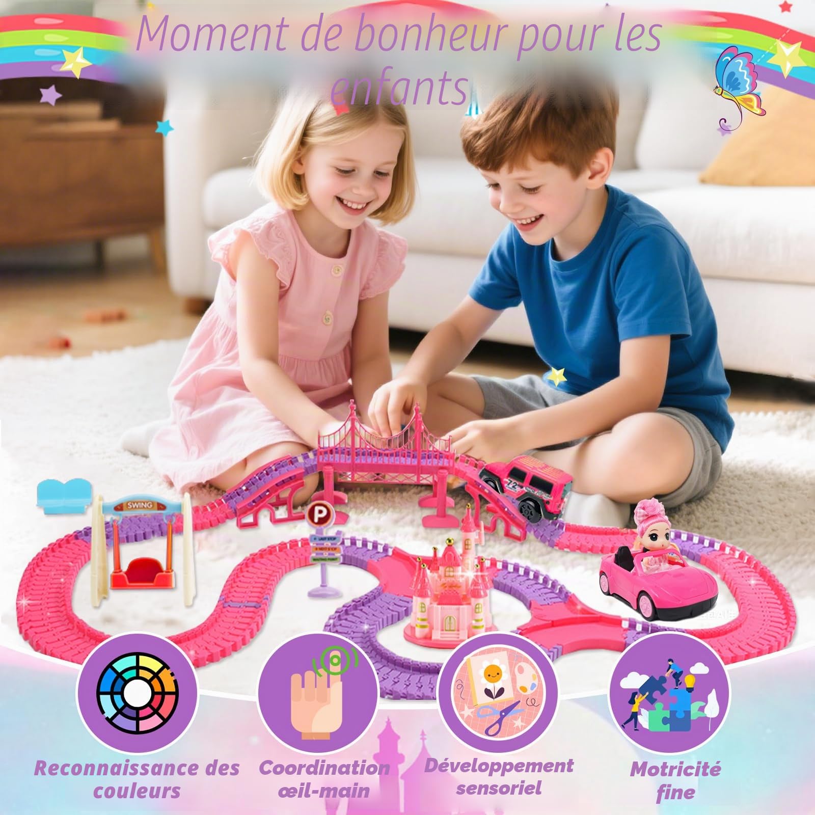 Rocky&Chao Circuit de Voitures Jouet 248 pièces avec poupée, Piste Flexible Rose avec Voitures, Jeu Enfant Fille dès 3 4 5 6 Ans