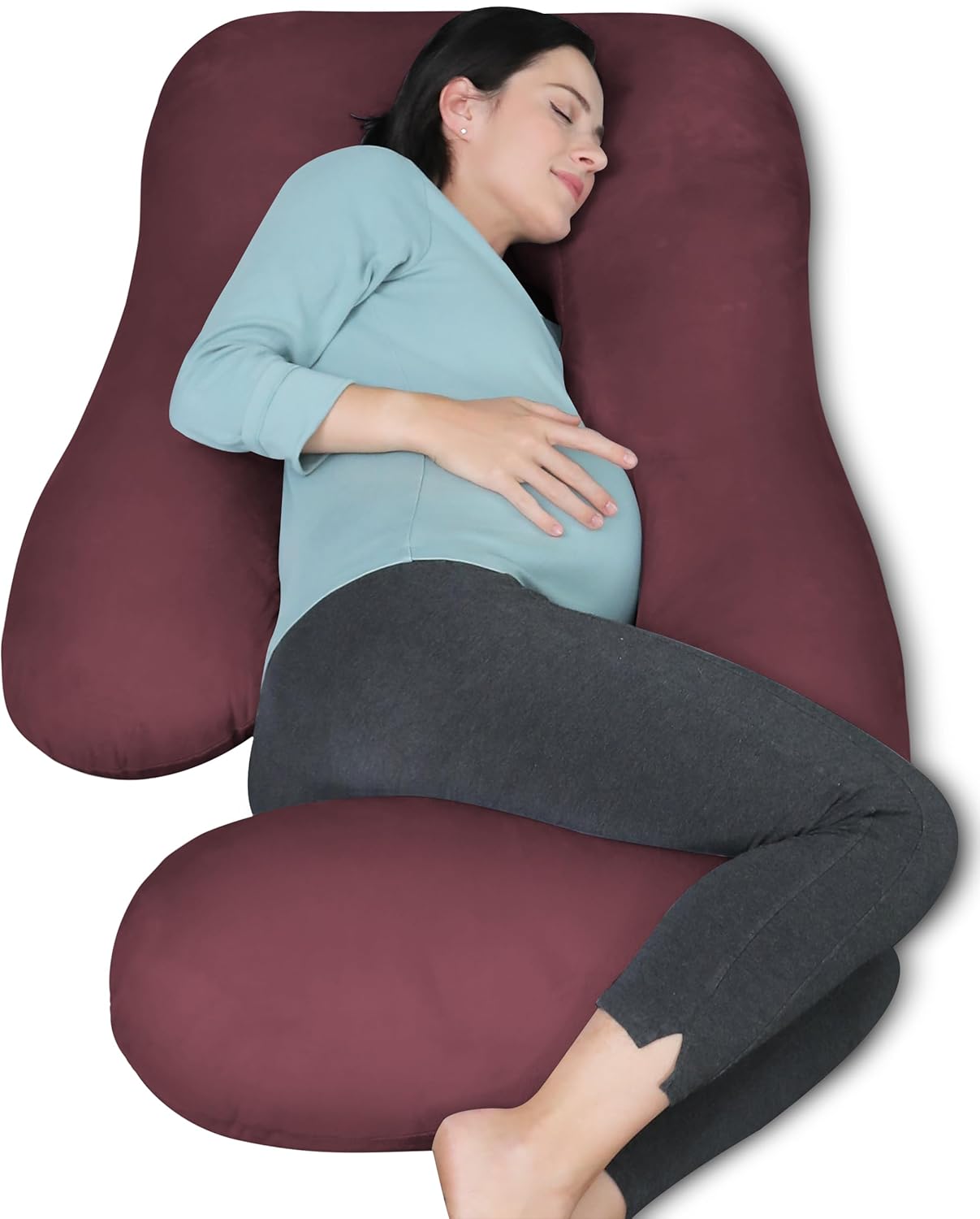 MOON PARK Pregnancy Pillows for Sleeping - U Shaped Full Body Maternity Pillow with Removable Cover - Support for Back, Legs, Belly, HIPS - 57 Inch Pregnancy Pillow for Women - Burgundy Burgundy Velvet Cover - 57 Inch