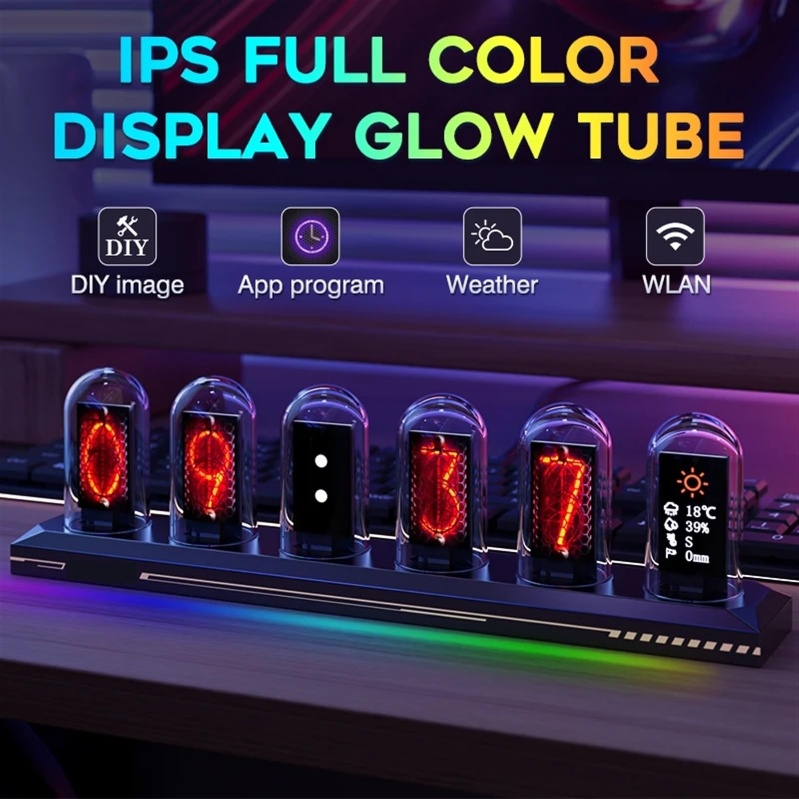 Stacja pogodowa, cyfrowy zegar z lampkami Nixie, kolorowy ekran IPS, rura analogowa DIY, dekoracja biurka do gier, luksusowe opakowanie prezentowe, czarny z RGB-1
