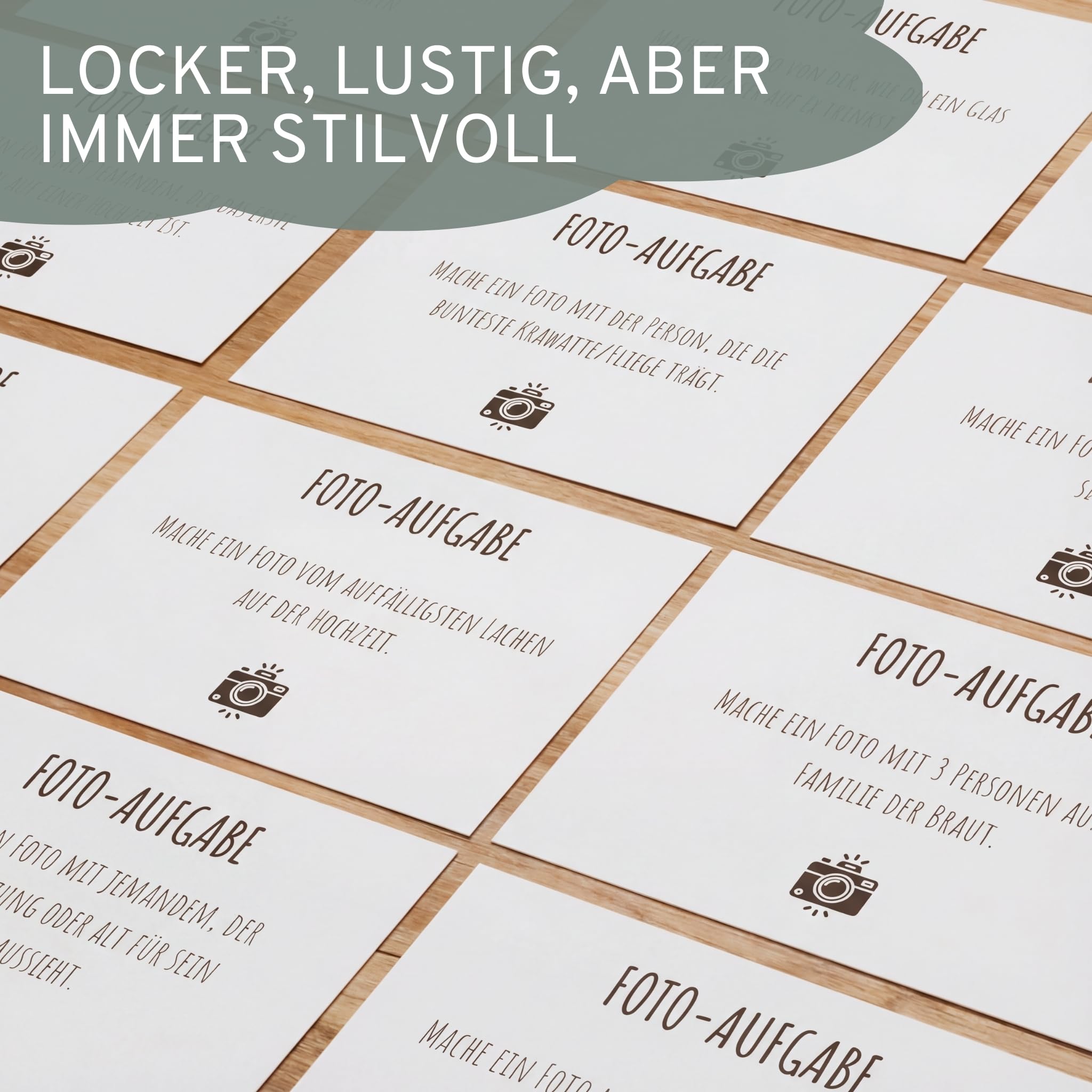 Fotoaufgaben & Gästebuch Hochzeit mit Fragen | Set für 100 Gäste | 100 Aufgabenkarten & Platz für bis zu 100 Gäste | Modernes, Schlichtes Design | Nachhaltig produziert