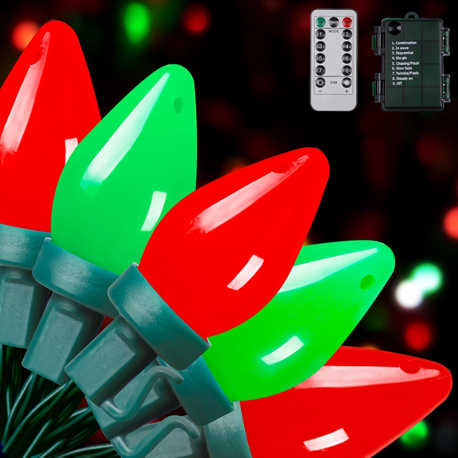 C7 Bulbs Christmas String Lights with Remote - 50 LED 26ft Battery String Lights - Fairy Christmas Lighting for Patio Decor Eave Roofline Holiday Festival Christmas Eve Decorations - Red Green