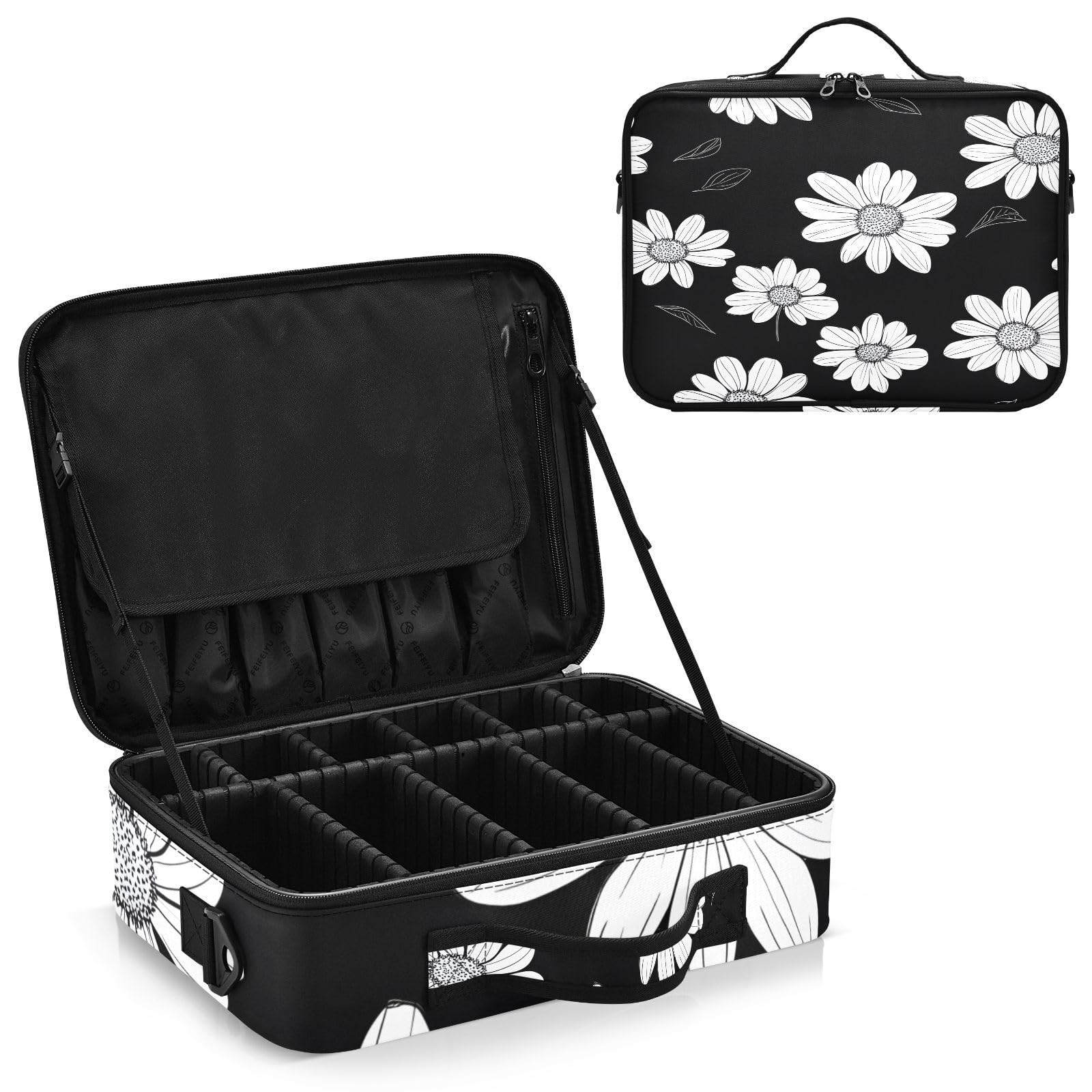 zyrtty Travel Makeup Train Case White Leaf Flower Pattern Black Cosmetic Organizer Portable Storage Bag with Adjustable Dividers for Cosmetics Brushes Toiletry Jewelry Digital Accessories