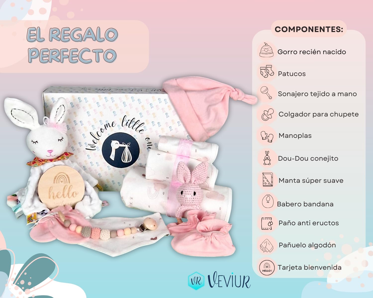 veviur Baby Gift Set, Newborn Gift, Baby Gift Girl and Boy - with Cuddly Toy, Rattle, Dummy Holder, Blanket and Bib - Image 2