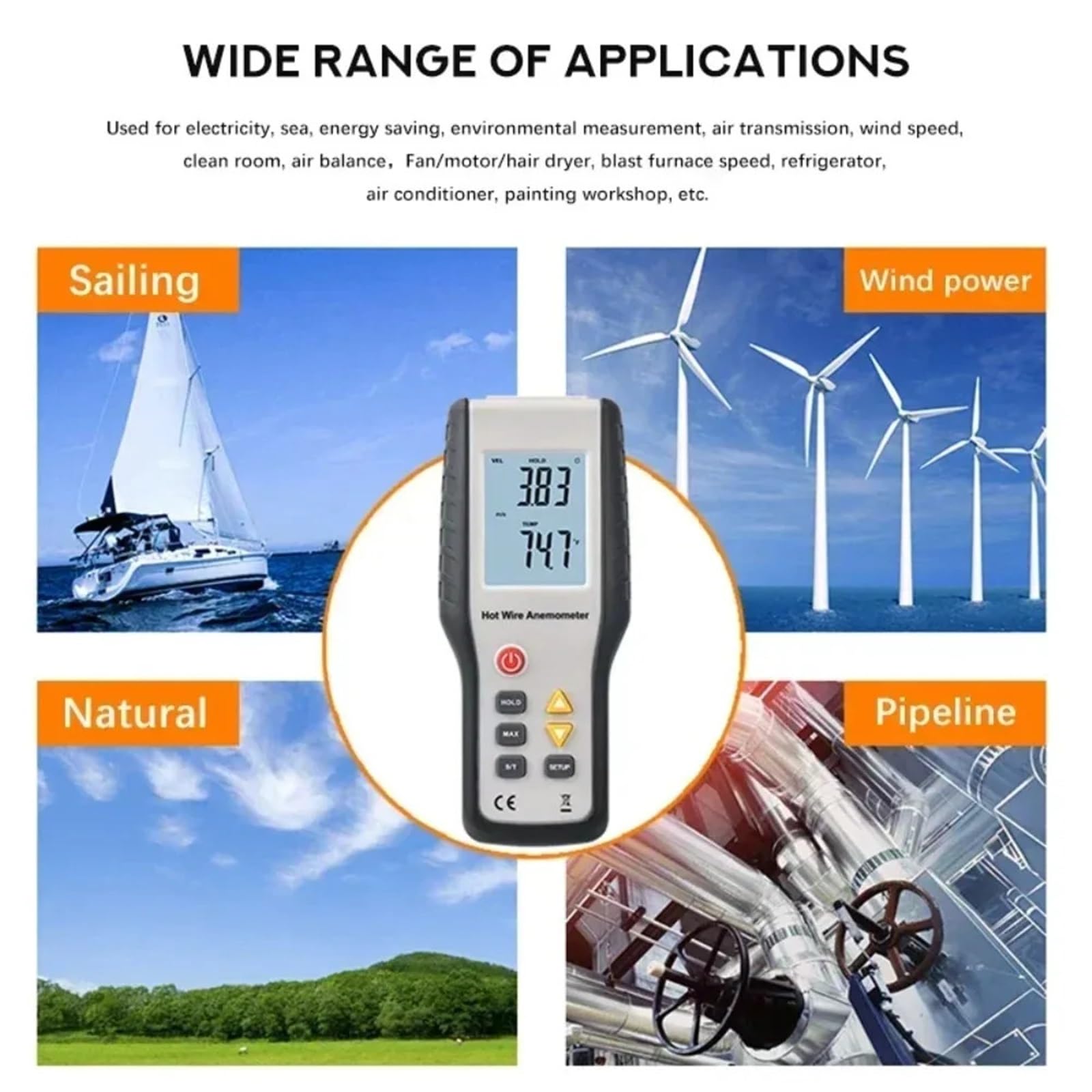 Anemómetro de Alambre Caliente HT-9829 Medidor de Velocidad del Viento y medición de Flujo de Aire para HVAC, Mide CFM/CMM, Temperatura (℃/℉)