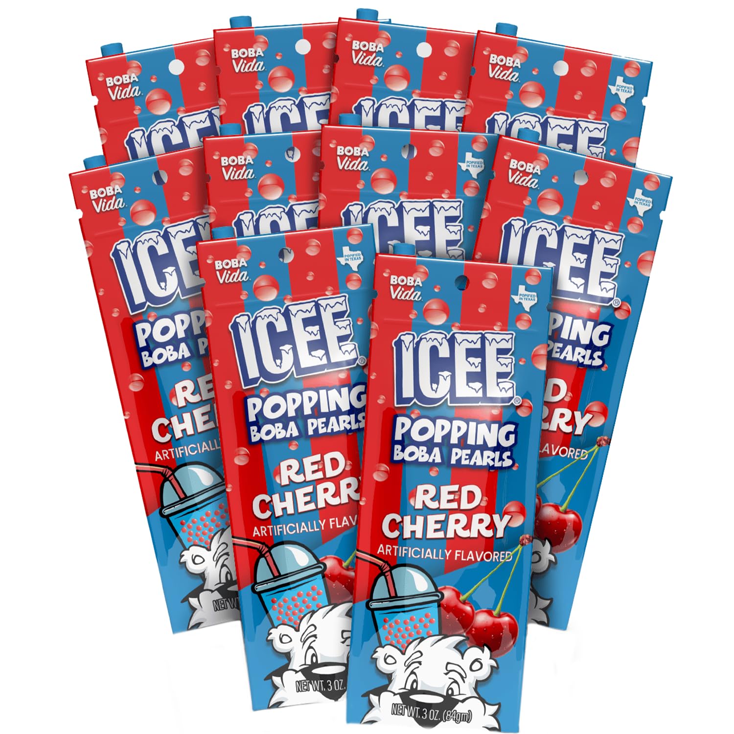 ICEE by BobaVida Cherry Popping Boba Pearls | Fun ICEE-Inspired Flavor | Popping Boba For Drinks & Desserts | Includes Straws | Sweet & Tart Fruit Boba Pearls | 3oz Each (12 Pouches)