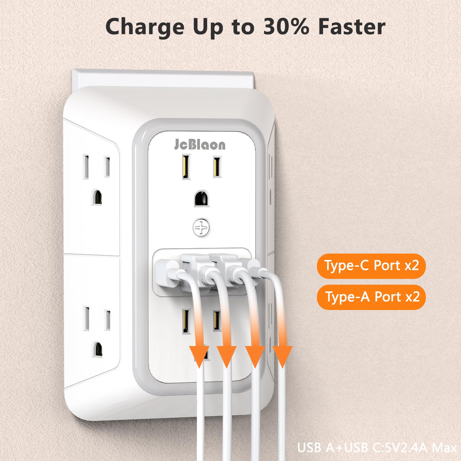 JcBlaon Chargeur mural USB, filtre de ligne, parasurtenseur avec 4 ports (2C), prise d'extension, multiprise, adaptateur d'espacement pour la maison, le bureau et les voyages, blanc