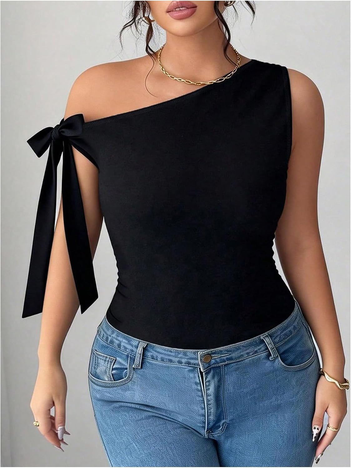 SOLY HUX Women's Plus Size T Shirt Off The Shoulder Tie Knot Sleeveless Asymmetrical Neck Fitted Summer Tops