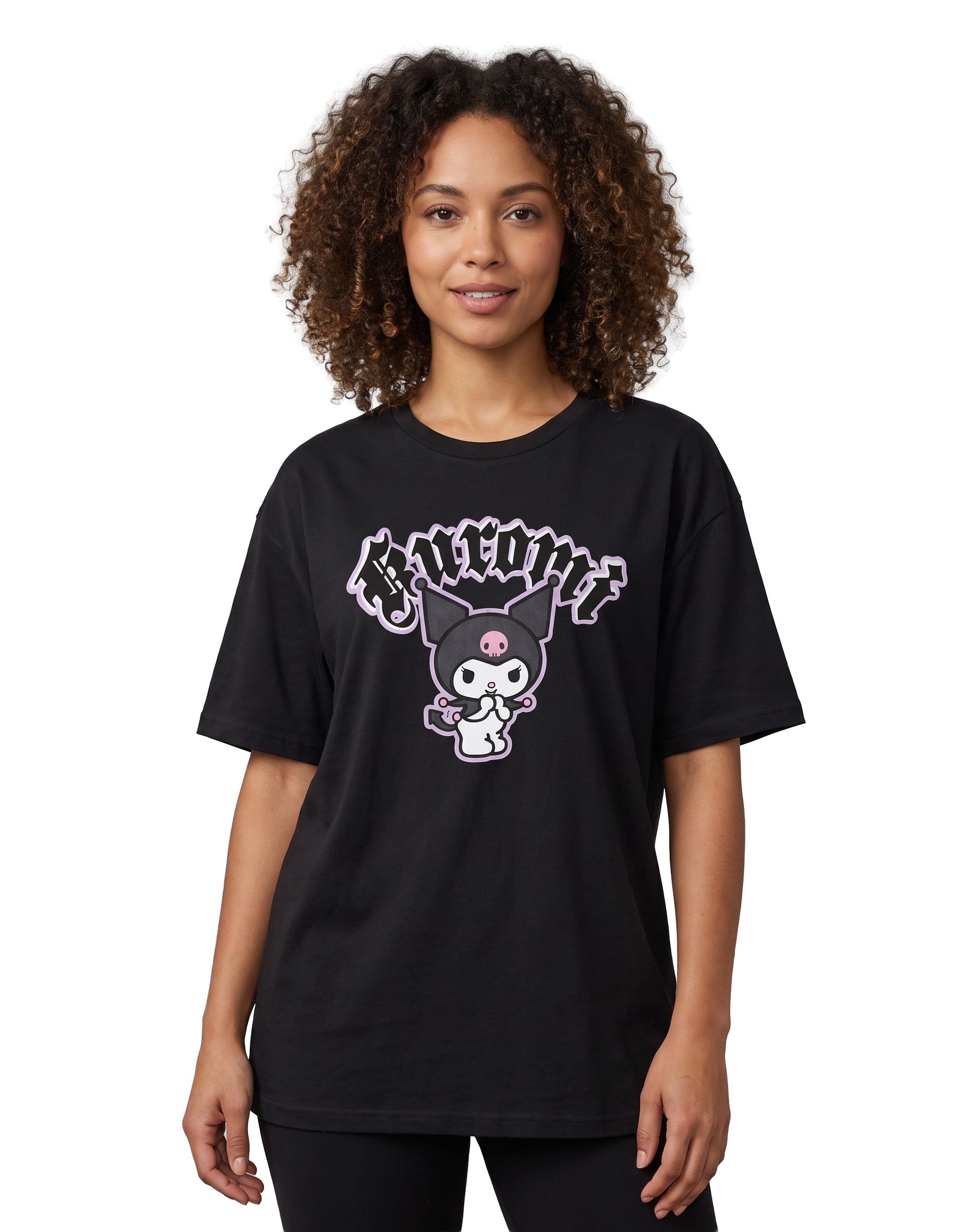 Hello Kitty & Friends Womens Black Short-Sleeved T-Shirt | Kuromi Cheeky Graphic Tee Character Apparel | Sanrio Cartoon Merchandise