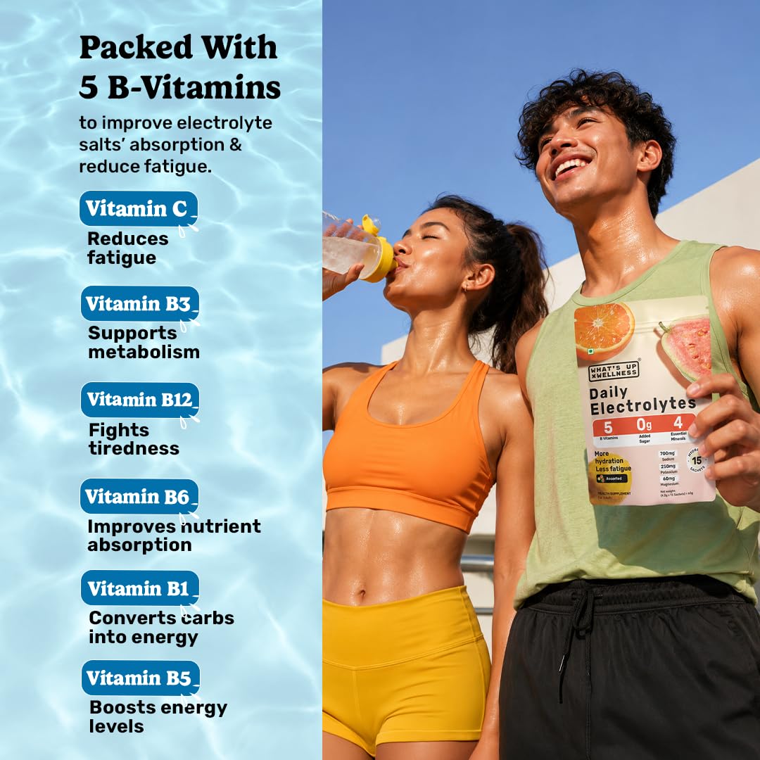 What's Up Wellness Daily Electrolytes Powder - Juicy Guava Flavour | Zero Added Sugar | Instant Hydration - Sodium, Potassium, Magnesium & Zinc | Vegan | 15 Sachets 2