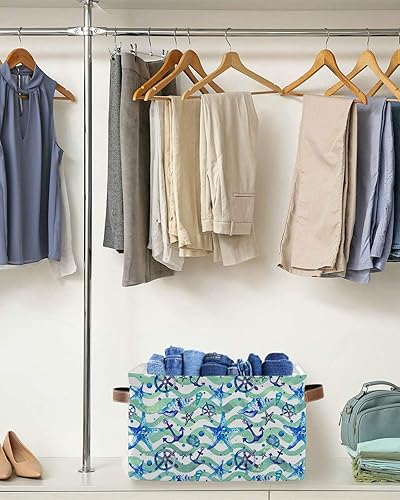 Miniatura 5 de Cesta de almacenamiento con temática oceánica para estantes, ancla náutica azul y rayas verdes, cubos de almacenamiento de tela, organizadores de