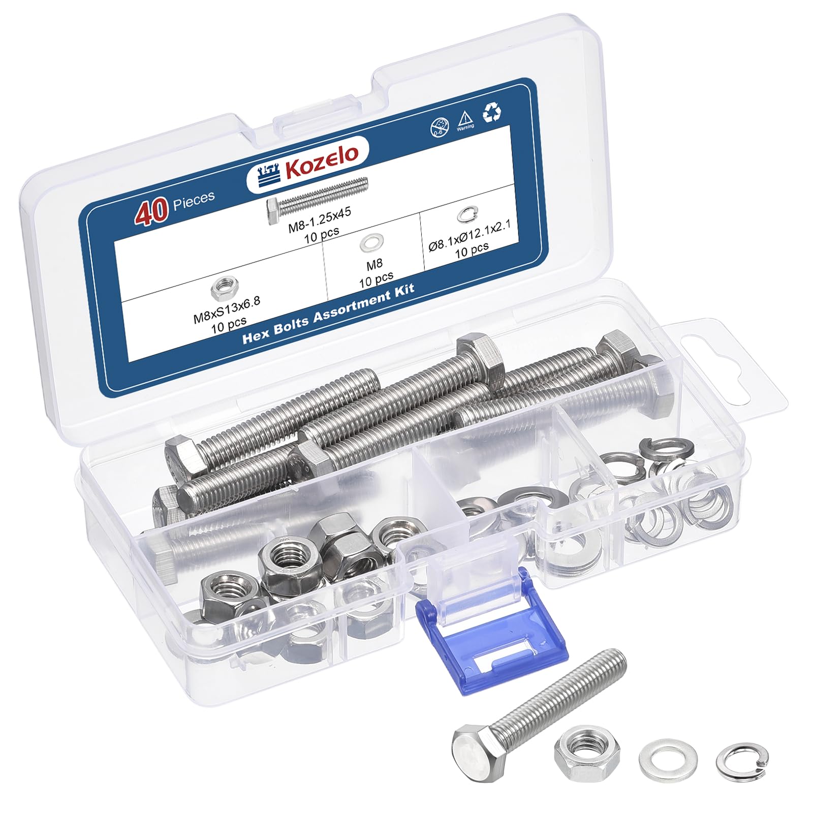 Kozelo 40 Pcs Bolts and Nuts Washers Kit - [M8-1.25x45] 304 Stainless Steel Hex Tap Bolt Assortment Fully Threaded Hexagon Head Machine Bolt Right Hand External Hex Drive, Silver Tone — image 1