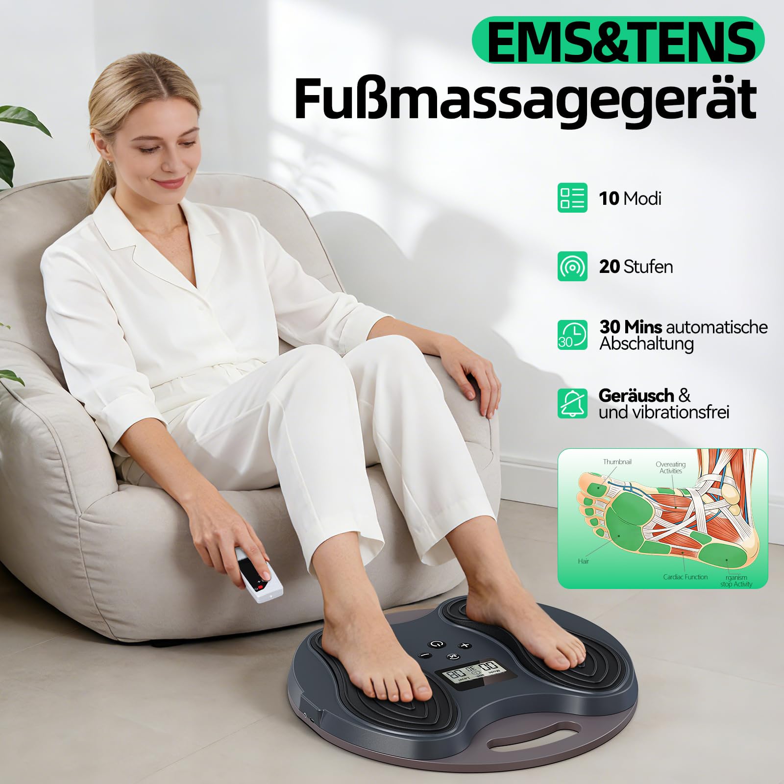 Medic Durchblutungs-Stimulator Beine, Tragbar Fußmassagegerät für Schmerz und Durchblutung, Verbessert Polyneuropathie, EMS Fußmassagegerät, Bekämpft Knie- und Beinschmerzen, mit 4 Elektrodenpads
