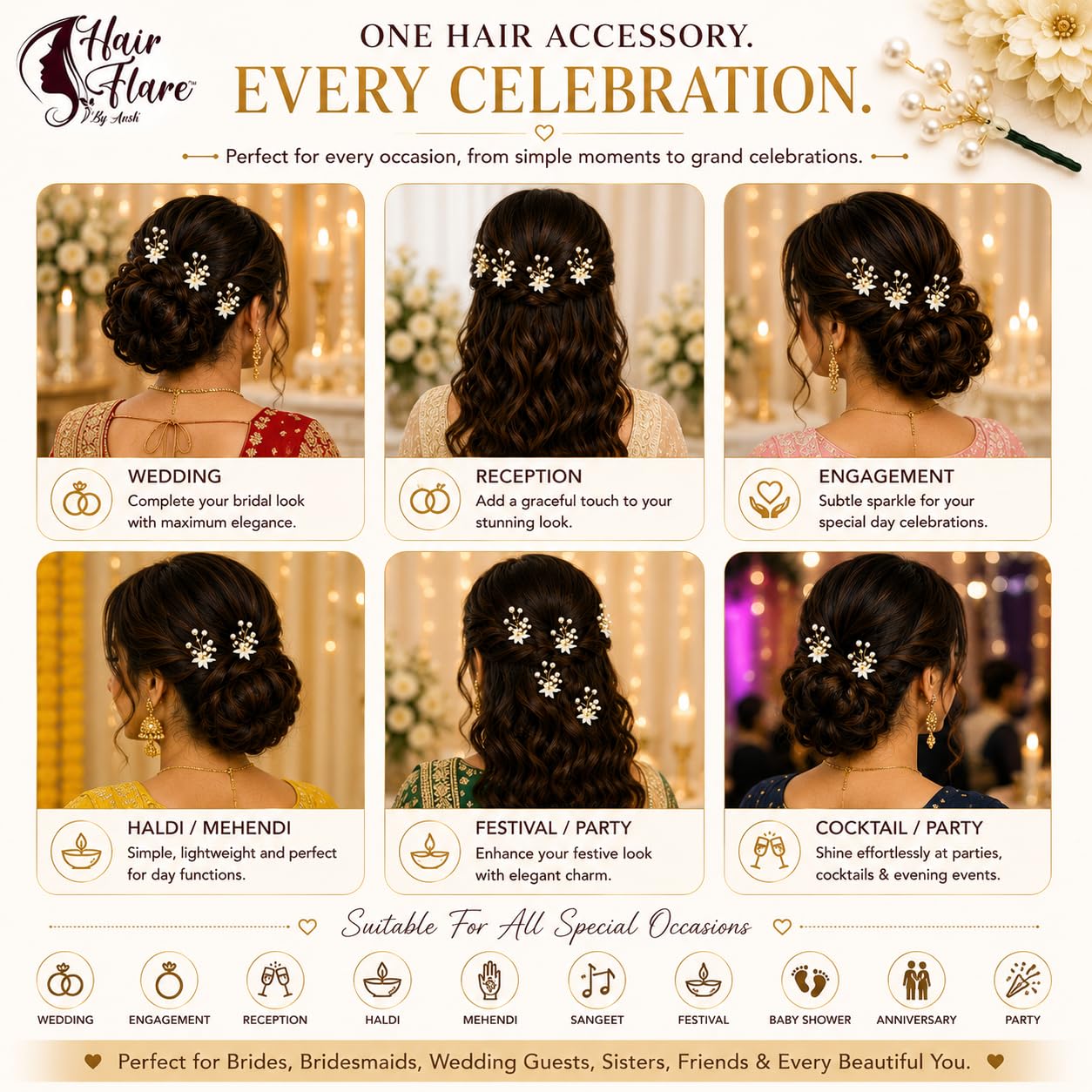 Hair Flare 2207 Pearl Artificial Bridal Wedding/hair flower accessories For Women's/gajra/Juda Pin/Juda Bun/Hair Clip/artificial flowers For hair / - Pack Of 6, White And Golden 4