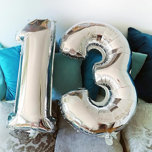 Miniatura 4 de Globos plateados de 40 pulgadas con el número 13, globos gigantes de papel de aluminio de Mylar del número 13 para decoraciones de fiesta de
