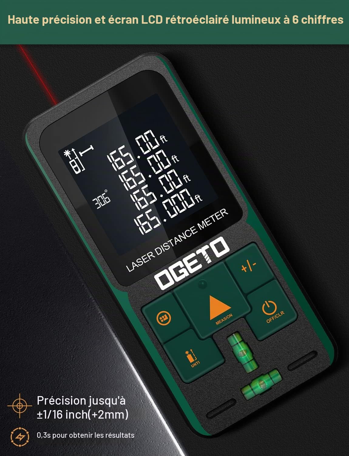 Metre Laser, Ogeto Télémètre Laser Numerique avec Niveau Électronique Amélioré, 99 Stockage, Mesure Longueur/Zone/Volume/Théorème de Pythagore pour Rénovation Intérieure/Chantier de Construction