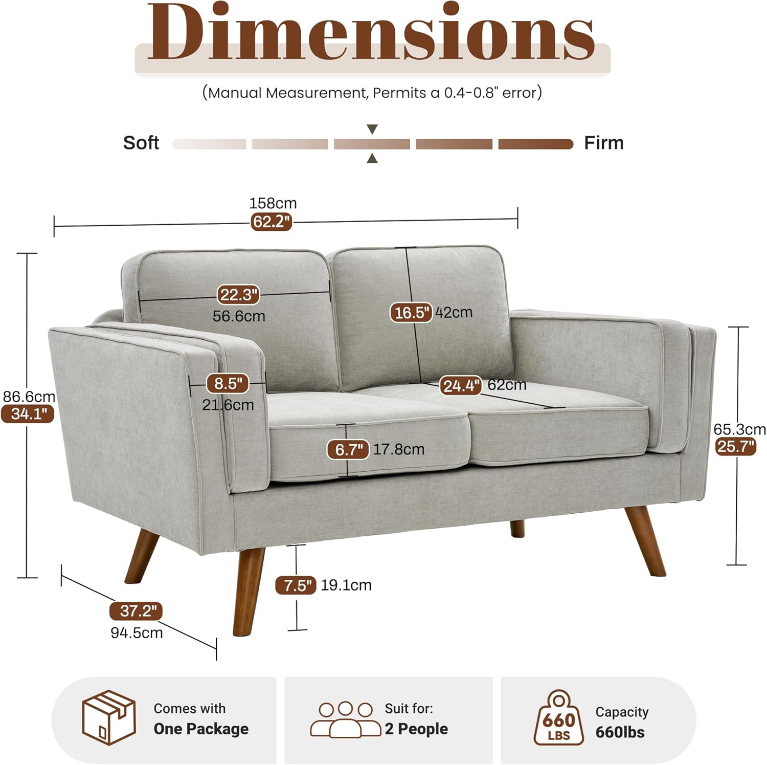Kingfun Modern Loveseat Sofa for Living Room,Chenille Loveseat, Dual-Layer Armrests, Removable Cover, Spring Cushions, Solid Wood Frame, Easy Assembly for Small Spaces (62.2inch，Khaki)