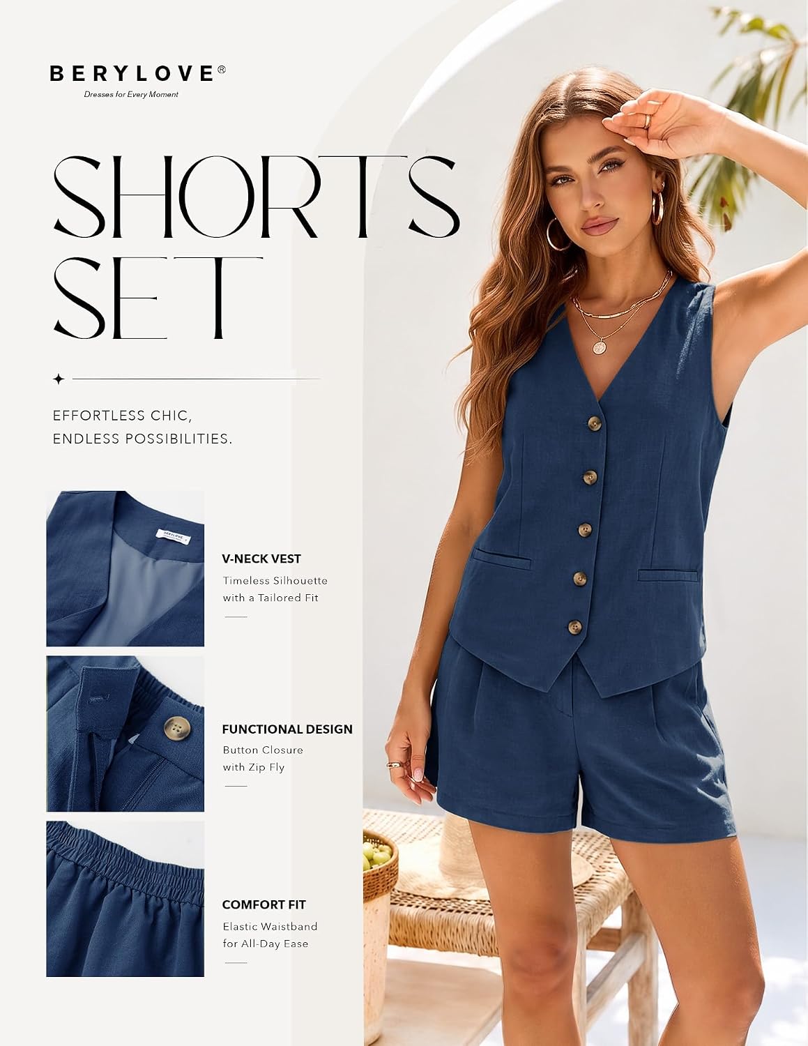 BeryLove Women's Summer 2 Piece Outfits Sleeveless Button Down Lined Vest Shorts Matching Sets with Pockets Dressy Casual