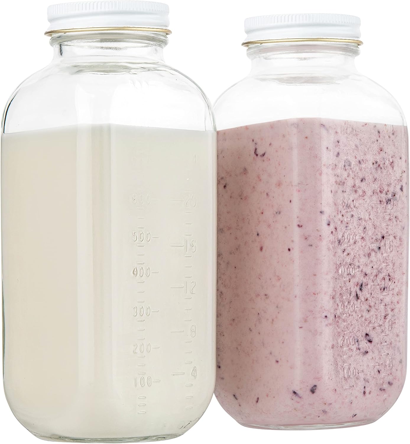 kitchentoolz 32oz Square Glass Milk Bottle with White Metal Airtight Lids – Vintage Reusable Milk Jugs – Dairy Drinking Containers for Milk, Yogurt, Smoothies, Kefir, Kombucha, and Water